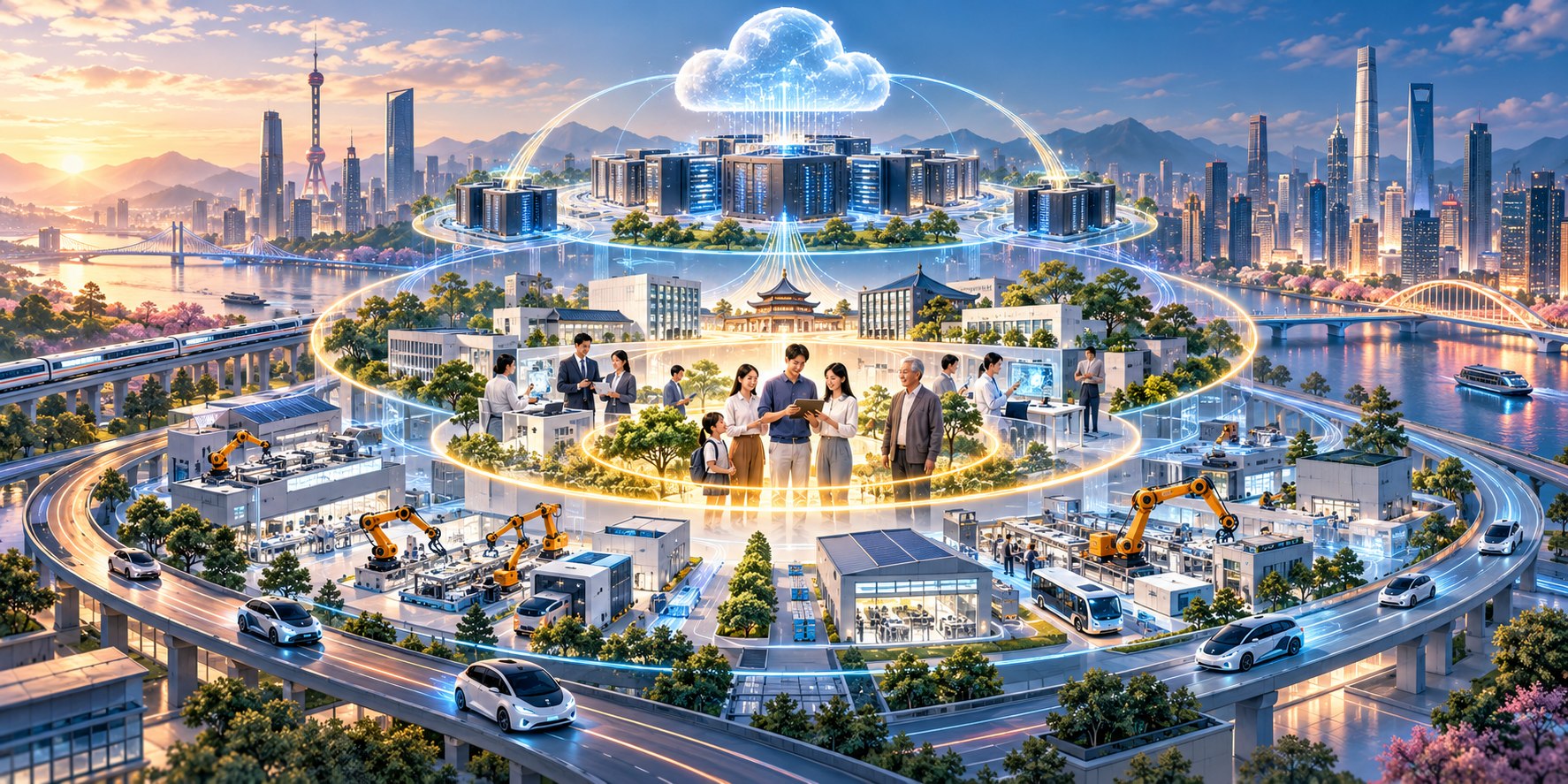 中国の都市、データセンター、産業、交通、市民を多層のデータネットワークが結ぶ、AI主権と人間中心のガバナンスを表現したイラスト