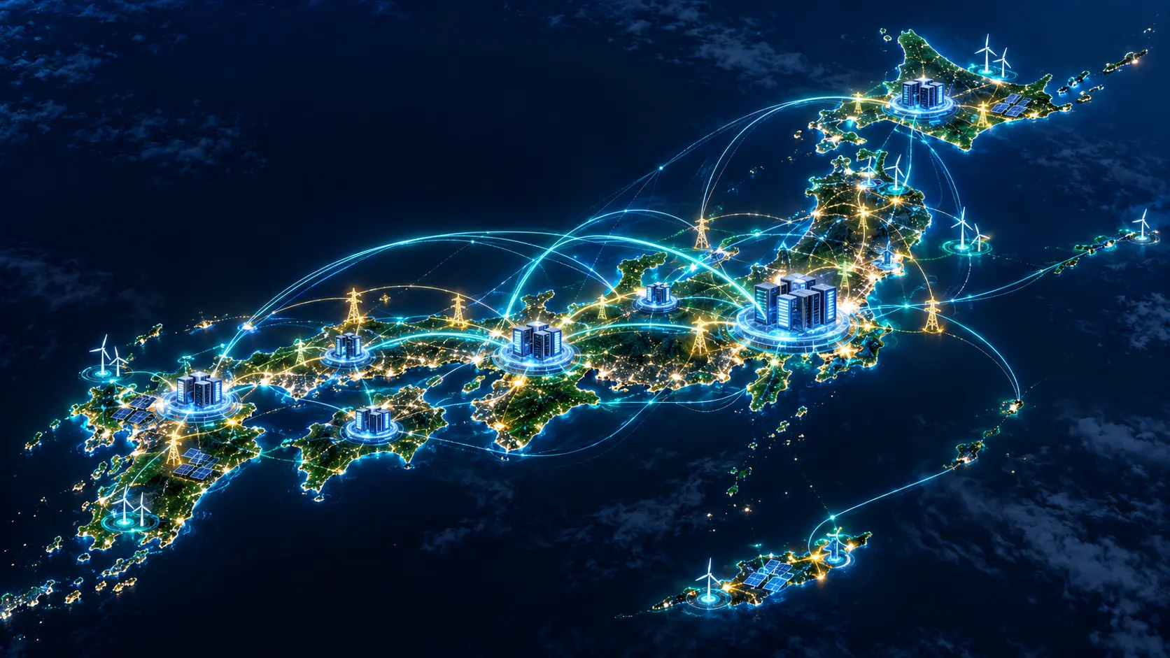日本列島各地のデータセンターを通信網と電力網で結ぶバーチャルハイパースケーラーのイメージ